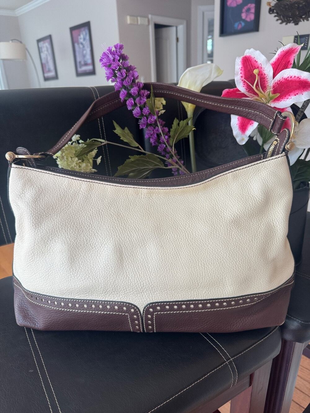 Lancel pebbled leather ivory brown tote (160